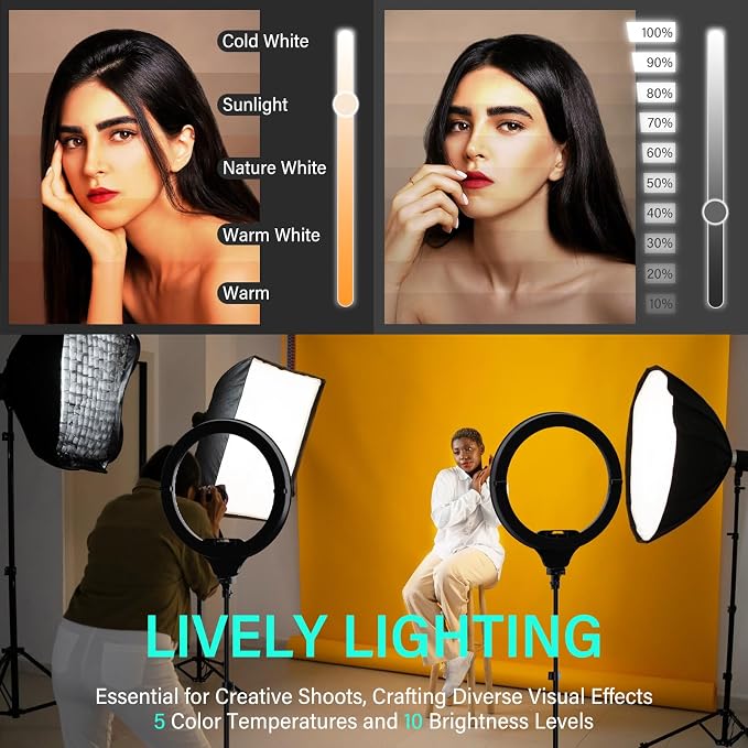 UBeesize 14'' LED Foldable Ring Light with 62'' Tripod Stand, Selfie Ring Light for Video Recording, Live Streaming, TikTok & YouTube, Compatible with iPhone & Android (Black) - Image 3