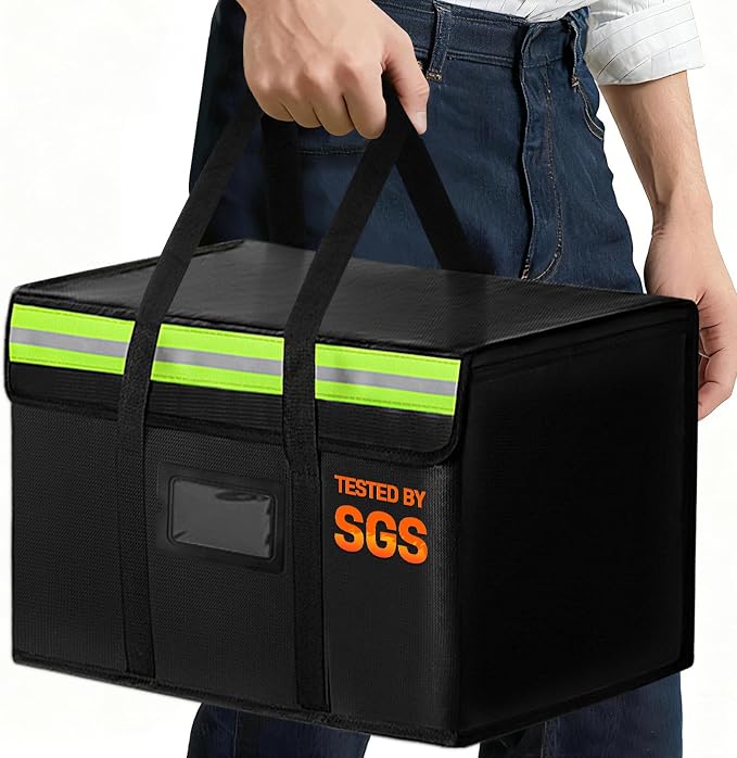Large Fireproof Document Bag for Home Safe Storage, 15 x 12 x 12in, Black | 2000°F Fireproof document box, 4-layer fiberglass important document storage for photo, file and cash with reflective strip by Amerbro