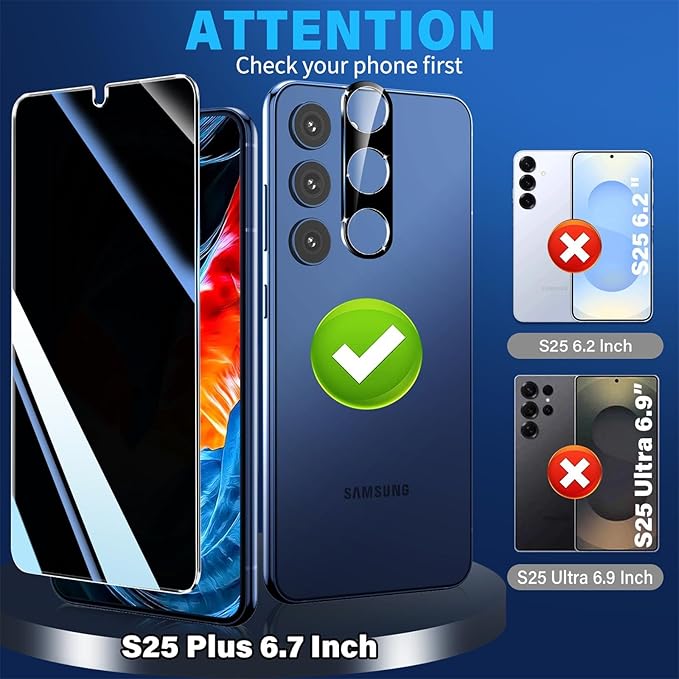 firtstnow 3 Pack Privacy Screen Protector for Samsung Galaxy S25 Plus Tempered Glass + 2 Pack Camera Lens Protector, True 25°Anti Spy, 9H+ Hardness, Fingerprint Unlock, Bubble-Free 6.7Inch - Image 7