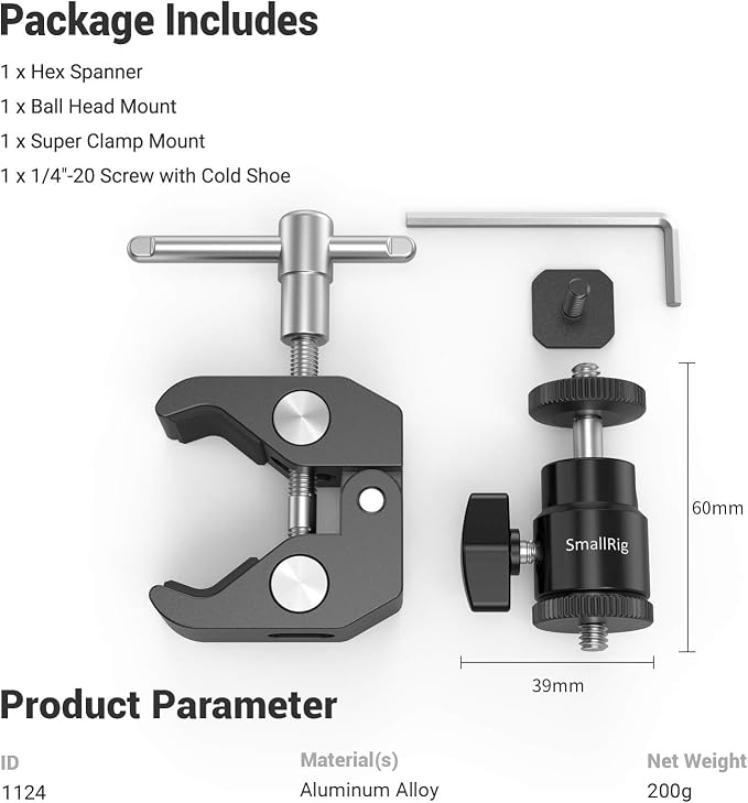 SMALLRIG Super Clamp Mount with Mini Ball Head Mount for Action Cameras | Hot Shoe Adapter with 1/4" screw for Monitors/Lights/Flash, for GoPro, for DJI, for Insta360 - Image 8