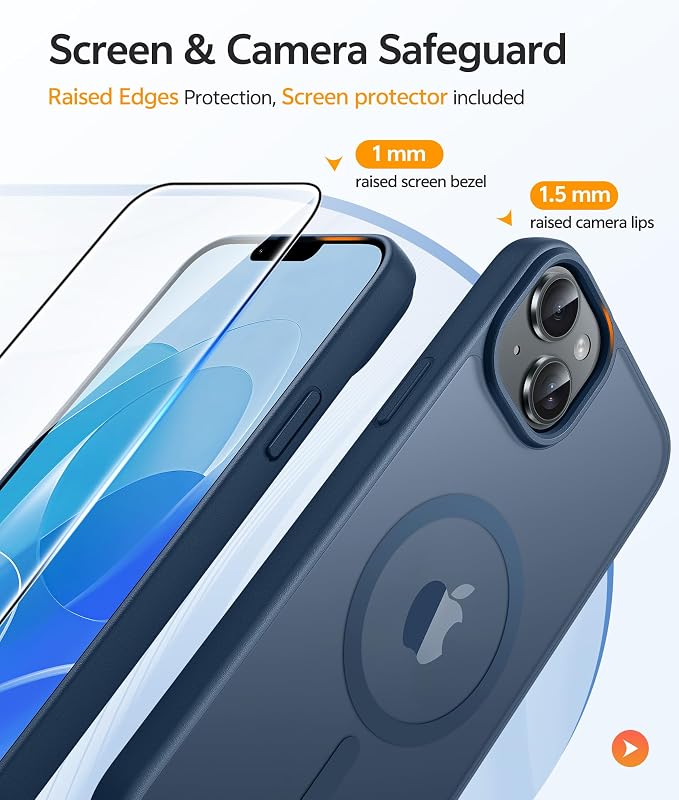 FNTCASE for iPhone 15/14 Plus Case, Fit for Magsafe, Screen Protector Blue | Translucent Matte Magnetic Back, 14FT Military Grade Drop Protection, Shockproof Protective Phone Cover, Blue - Image 4
