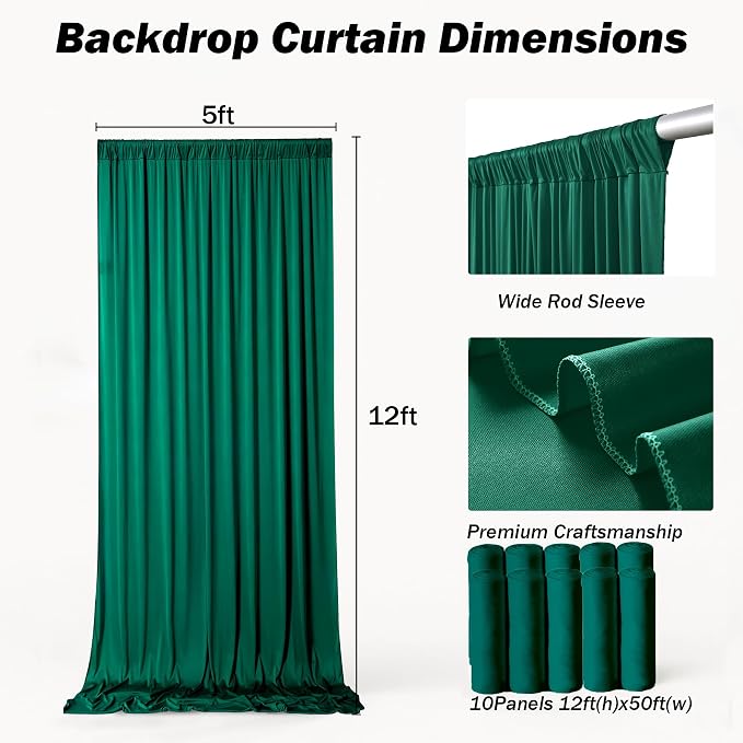 50x12 ft Forest Green Backdrop Curtains for Weddings, Birthdays and Photos | 10 Panels 5x12 ft, Wrinkle-Free Polyester Drapes, Washable, Ironable, 4 in Rod Pocket for Baby Showers Photography Background - Image 5
