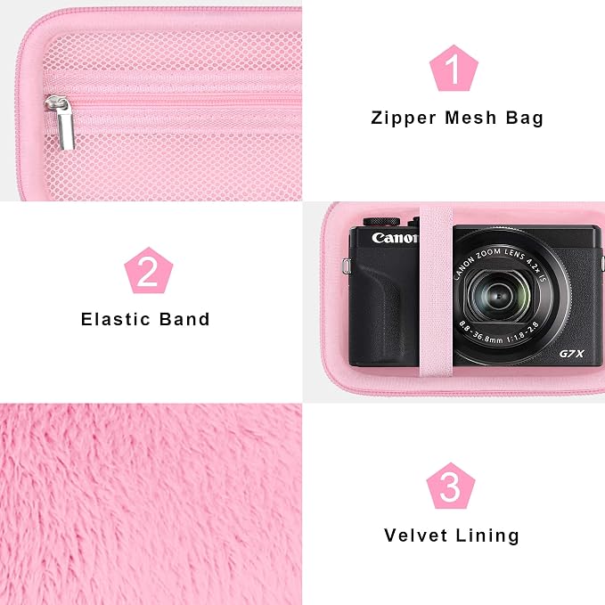 Canboc Camera Case for Canon PowerShot G7 X Mark III/ G7X Mark II, Pink | For SX740/ SX730/ G7X3 Carrying Point and Shoot Camera Bag, Zipper Mesh Pocket fits USB Cable, Batteries - Image 5