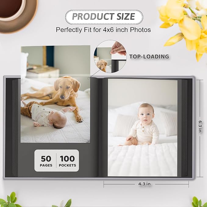 Popotop 4x6 Photo Album Holds 100 Pictures, Vegan Leather Hardcover | 100 Photos Capacity, Acid-Free Clear Slip-In Pockets, Compact Format, Front Photo Window, Gifts for Family Wedding Baby - Image 3