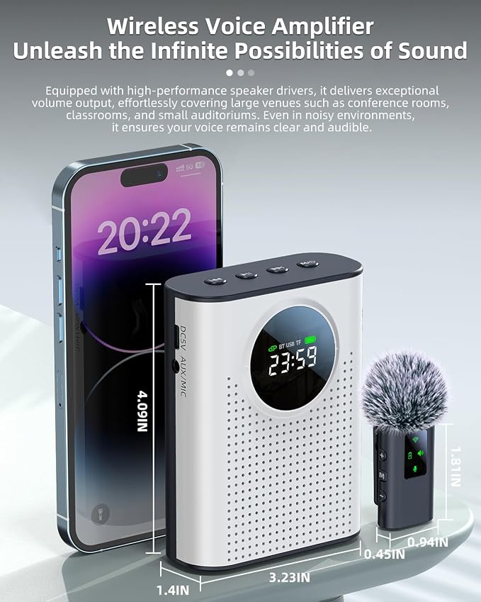 S67 Rechargeable Voice Amplifier Wireless Microphone for Teachers Classroom, Mini Lavalier Lapel Mic Clip Magnetic, Portable Bluetooth Speaker with LED Display for Class, Tour Guide, White - Image 8