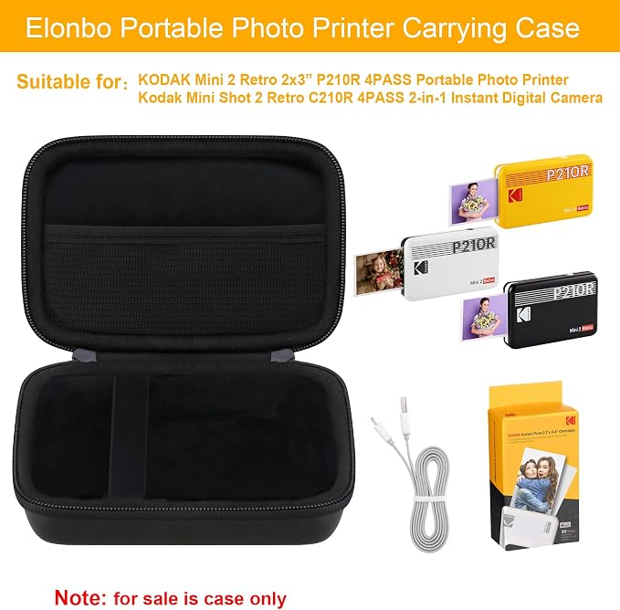 Elonbo Carrying Case for KODAK Mini 2 Retro 2x3 Portable Photo Printer | Bluetooth Smartphone Instant Color Printer Hard Travel Protective Bag, Mesh Pocket fits Cartridge Photo Paper Sheets, Black - Image 2