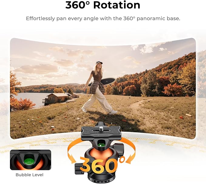 K&F CONCEPT 63" Aluminum Travel Tripod for Camera/Phone | 2.6lb Compact with Arca Ball Head, 22lb Max Load Heavy Duty for DSLR/Mirrorless/iPhone Video, A305A1+BH-40 - Image 5