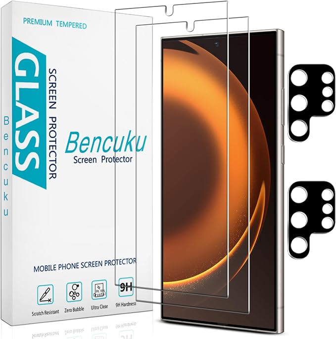 Screen Protector for Samsung Galaxy S24 Ultra Tempered Glass | Camera Lens Protector, Fingerprint ID Compatible, Anti Scratch, 2+2 Pack by Bencuku