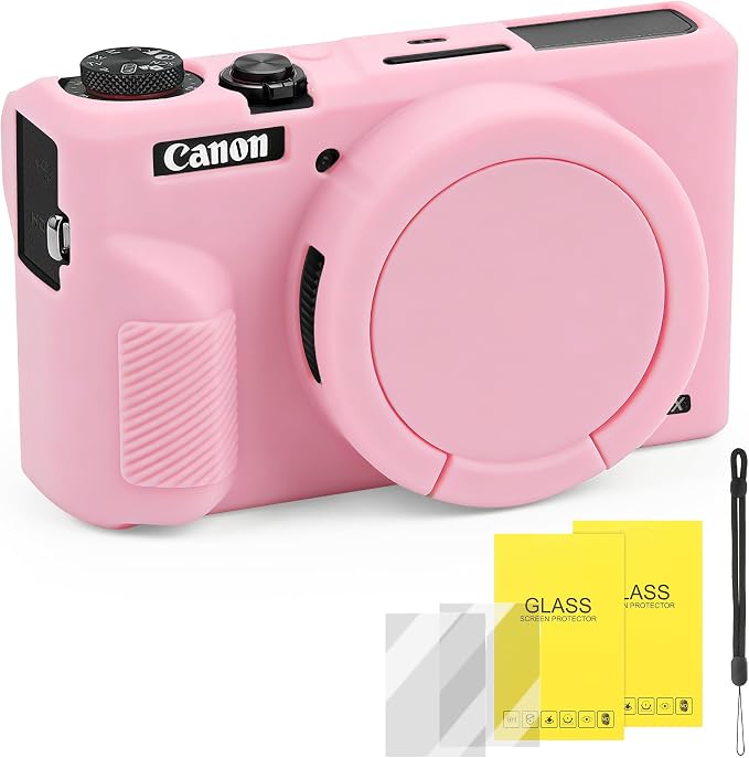 Silicone Camera Case for Canon PowerShot G7X Mark III (Pink) | Soft Silicone Case, Removable Lens Cover, 2 Screen Protectors & 1 Wrist Strap, Anti-Scratch, Lightweight Camera Accessories by Unknown