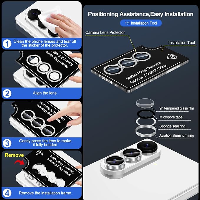 for Samsung Galaxy Z Fold 8 Ultra Camera Lens Protector, Individual Metal Ring Tempered Glass Lens Cover, [Strong Adsorption] Scratch Resistant Ultra-Thin HD Clear Lens Cover, 1 Set-Silvery - Image 7