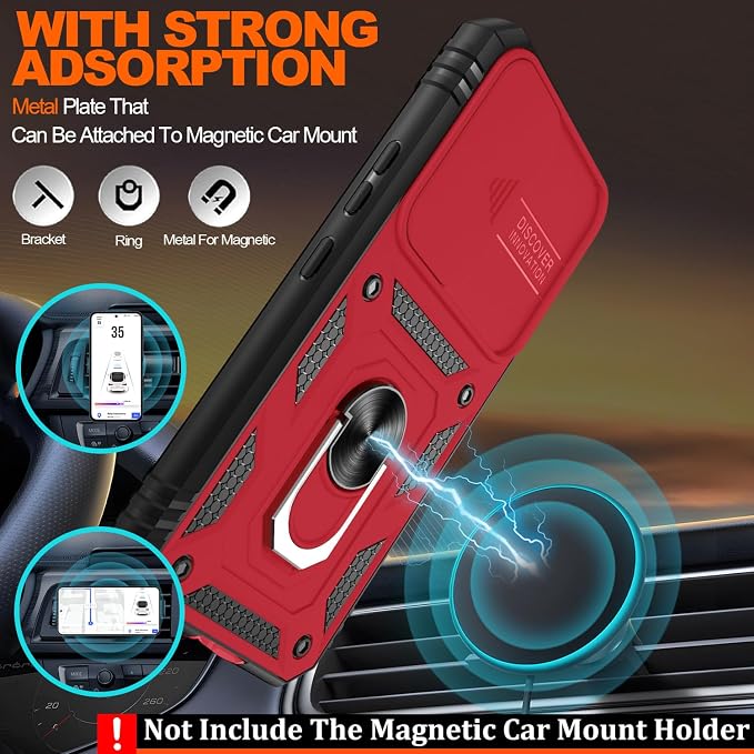 Gritup for Samsung Galaxy S22 Case with Slide Camera Cover & Screen Protector*2, 360 Rotating Ring Kickstand, Military Grade Protective Case for S22 Phone, Red+Black - Image 6