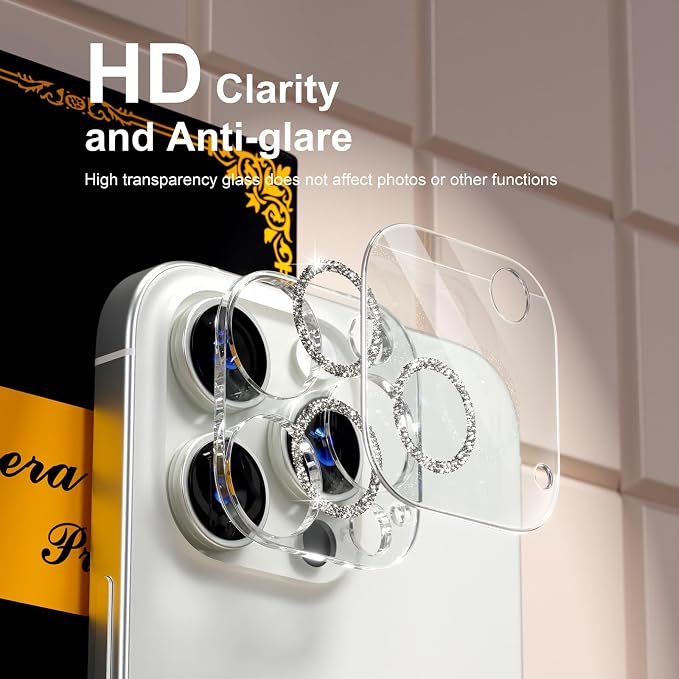 for 6 Pack iPhone 15 Pro/iPhone 15 Pro Max Camera Lens Protector [Drop Protection] [Case Friendly] [Easy Installation] 9H Tempered Glass Camera Screen Protector Cover, Glitter Silver - Image 6