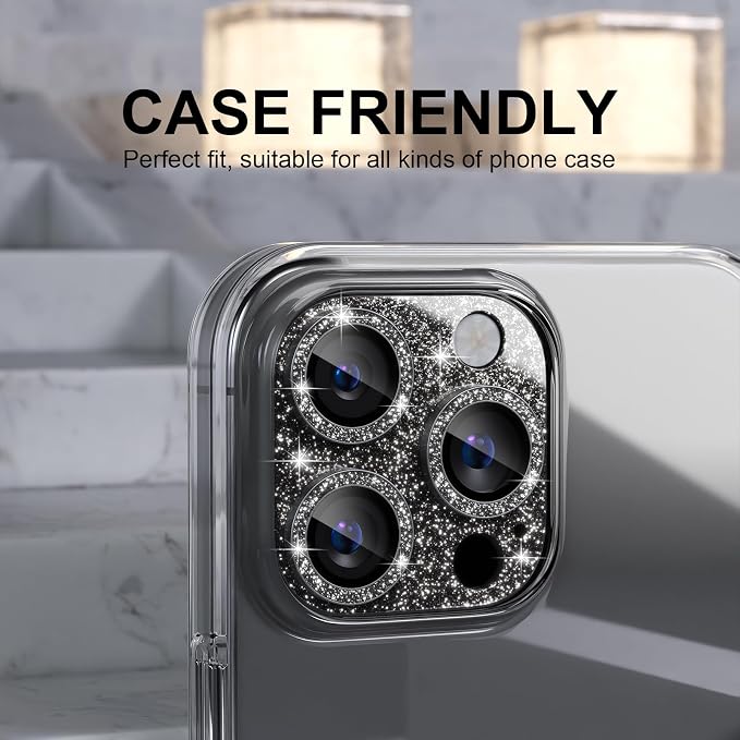 Choiche for iPhone 16 Pro/iPhone 16 Pro Max Camera Lens Protector | Bling Camera Cover with 9H Tempered Glass Lens Screen Protector Metal Ring Decoration Accessories (Glitter-Black) - Image 4