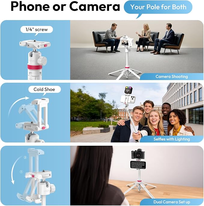 ULANZI MT-44B Phone Tripod, 59'' Auto Open Phone Stand Dual Camera Set up | 360° Ball Head, Extendable Selfie Stick w Cold Shoe, Stable Four-Leg for Filming Vlog Travel, Family Gatherings White - Image 3