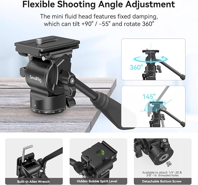 SmallRig CT180 Video Tripod, 72" Camera Tripod Monopod with Fluid Head, Aluminum Camera Tripod, 360° Panorama Fluid Head for Travel, Video, Live Streaming, Vlogging- 3760B - Image 2