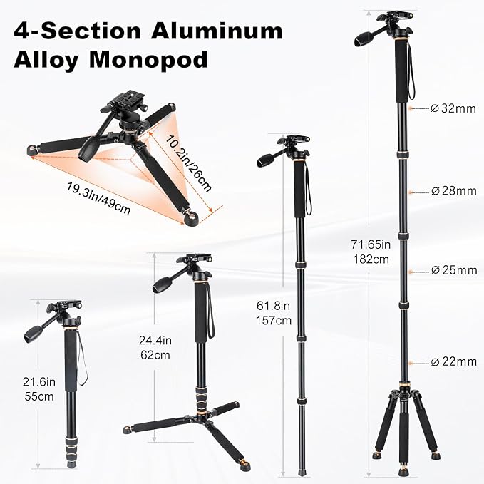 Koolehaoda 71.6” Camera Monopod with 3-Way Pan Tilt Head & Detachable Feet | Aluminum Tripod & Monopod Photography Unipod Stick for DSLR, Camcorder, Vlog & Sports Shooting - Image 4