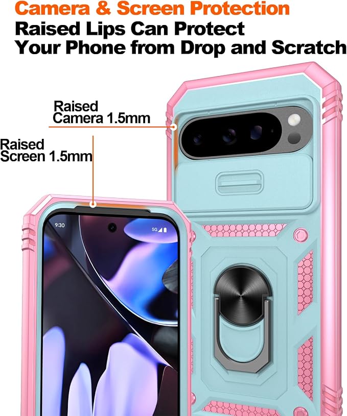 Gritup for Pixel 9/9 Pro Case Military-Grade Shockproof with Kickstand | with 2 PCS Screen Protector, Slide Camera Cover, Heavy Duty Outdoor Protection Funda para Google 9/9 Pro Cover Green+Pink - Image 5