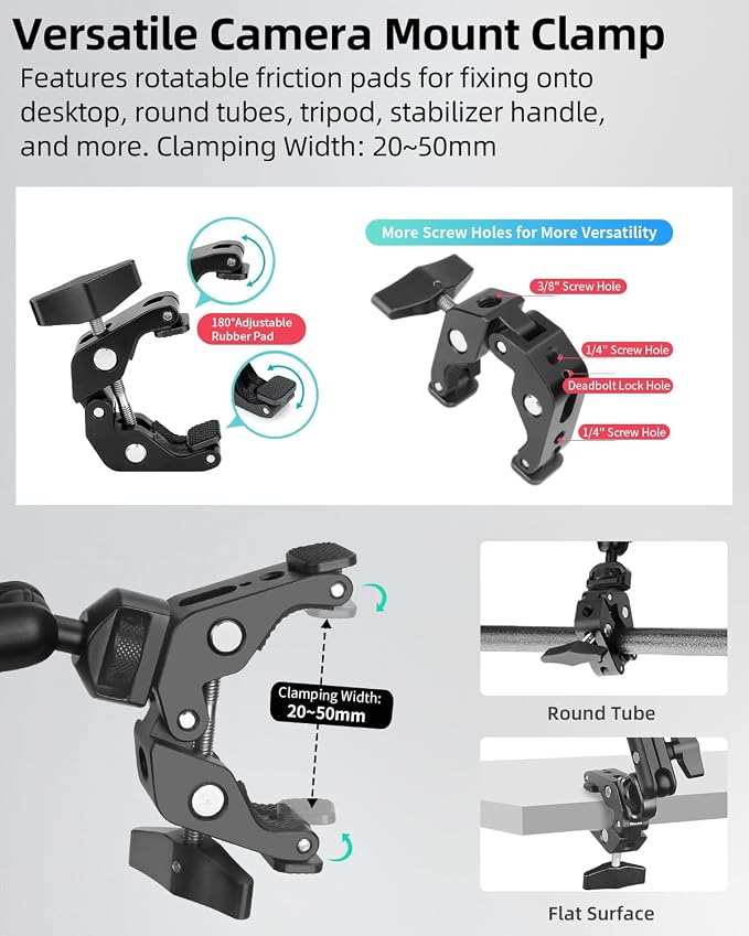 22" Magic Arm w Clamp, Overhead Phone Mount, Desk Camera Mount w Articulating Friction Boom Arm Thread Adapter, for Phone Video Light Webcam Microphone Action Camera Content Creators - Image 7