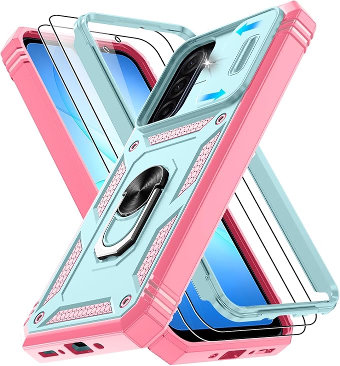 Gritup for Galaxy A17 5g Phone Case with Camera Cover | 2*Screen Protector & 360° Rotating Ring Kickstand, Military Grade Protective Cover para Galaxy A16/ A 17, Green+Pink by Gritup