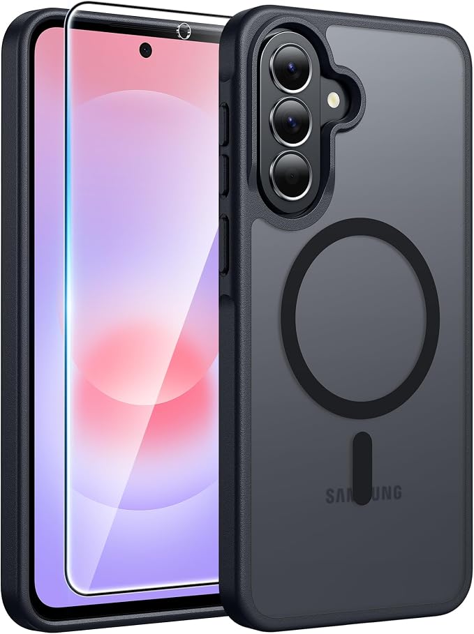 FNTCASE for Galaxy A37/A36 5G Phone Case, Fit for Magsafe, Screen Protector | Translucent Matte Magnetic Back, 14FT Military Grade Drop Protection, Shockproof Protective, for Samsung A37 Cover, Black by FNTCASE