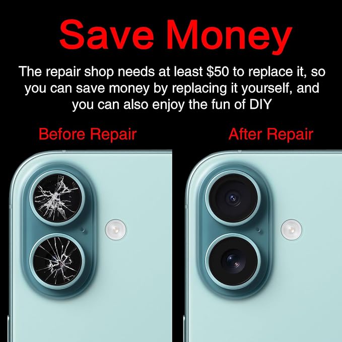 2PCS ASDAWN Back Rear Camera Lens Glass Replacement for iPhone 16 6.1 inch and 16 Plus 6.7 inch with Pre-Installed Adhesive, Back Lens Glass with Installation Manual + Repair Tool Set - Image 5