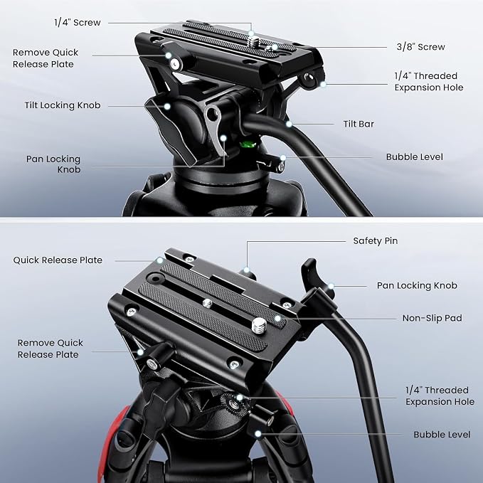 Mactrem 82"/210cm Fluid Head Tripod - Heavy Duty Video Tripod for Camera | Aluminum alloy, 33lb load capacity, 210cm max height, compatible with Canon/Nikon/Sony DSLR, camcorders, telescopes - Image 3