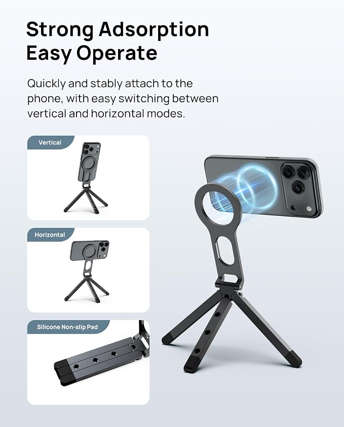 Magnetic Phone Tripod Stand for iPhone - Strong Magnet Foldable Cell Phone Stand for Vlog, Gym, Travel Essentials, Mini Tripod Phone Stand Compatible with iPhone 17 16 15 14 13 12 Series - Image 6