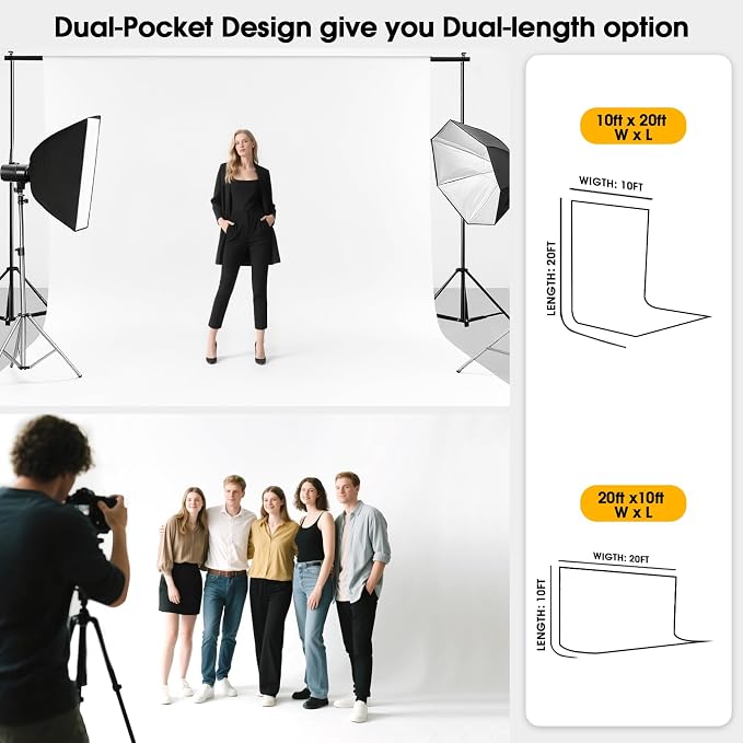 CPLIRIS 10x20ft White Backdrop for Photography, Dual-Size Dual-Pocket Design Photo Booth Background for Portrait Photoshoot, Party and Video with Both Options of 10 feet and 20 feet in Width - Image 3