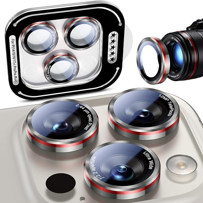 Uyiton for iPhone 17/16/15/14 (Pro Max & Pro) Camera Lens Protector | Unique Lines Text Design, Case-Friendly, Military-Grade Sapphire Glass Metal Camera Cover, Easy to Install, Gray by Uyiton