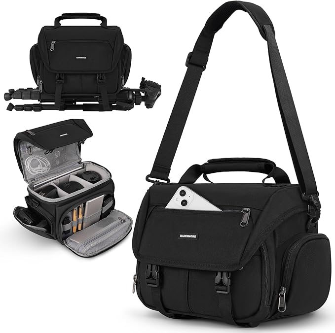 RAINSMORE Camera Bag, DSLR/SLR/Mirrorless Camera Sling Bag for Photographers Waterproof Small Camera Case with Tripod Holder & Rain Cover Camera Crossbody Bag for Canon/Nikon/Sony/Fuji, Black by RAINSMORE
