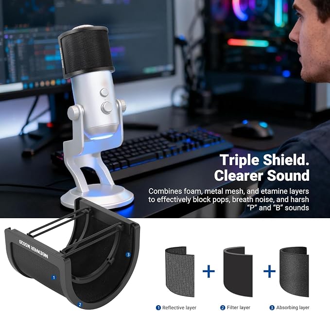 NEEWER Pop Filter for Microphones, Triple Layer Isolation Shield Windscreen Cover for 40-72 mm Diameter Mics, Compatible with Blue Yeti for Podcast Streaming Voice Over Singing Studio Recording, MS020 - Image 2