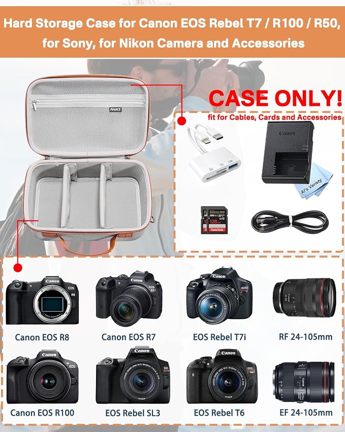 RAIACE Hard Carrying Case Compatible with Canon EOS Rebel T7/ T100/ T6/ R100/ R50/ R5/ R7/ R8, for Sony, for Nikon Camera. Large Capacity Camera Bag for Lens, Cables, Cards and Accessories. - Gray - Image 2