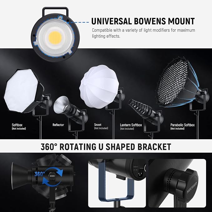 NEEWER CB200B 210W LED Video Light with 2.4G/APP Remote Control, All Metal Bi Color COB Continuous Output Lighting with Bowens Mount 90000Lux/1m 2700K-6500K CRI/TLCI97+ 12 Effects for Video Recording - Image 8