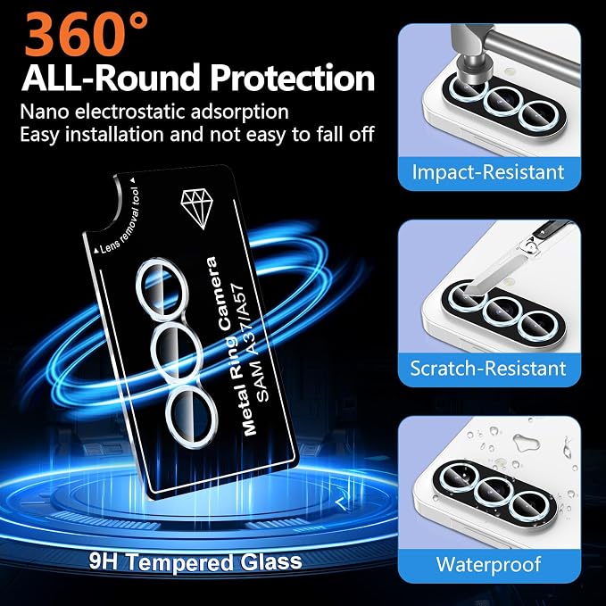 for Samsung Galaxy A37/A57 Camera Lens Protector, Individual Metal Ring Tempered Glass Lens Cover, [Strong Adsorption] Scratch Resistant Ultra-Thin HD Clear Lens Cover, 1 Set-Blue - Image 2