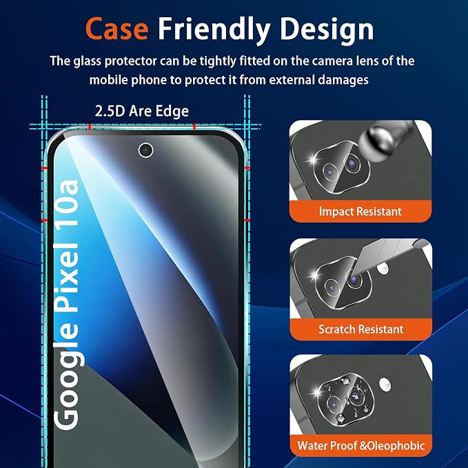 (3+2 Pack) Glass Screen Protector for Google Pixel 10a with Camera Lens Protector,9H Tempered Glass,Fingerprint Unlock,Anti-Scratch,Bubble Free,Case Friendly - Clear - Image 6