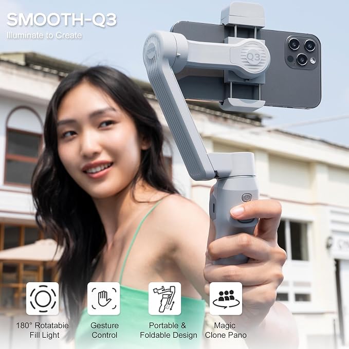 Zhiyun Smooth Q3, 3-Axis Smartphone Gimbal Stabilizer with LED Fill Light Grip Tripod Handheld Gimbal Stabilizer for Youtube, Vlogging, Video Recording, Phone Stabilizer Compatible with iPhone Android | with Fill Light, Auto Inception Dolly-Zoom Time-L... - Image 2
