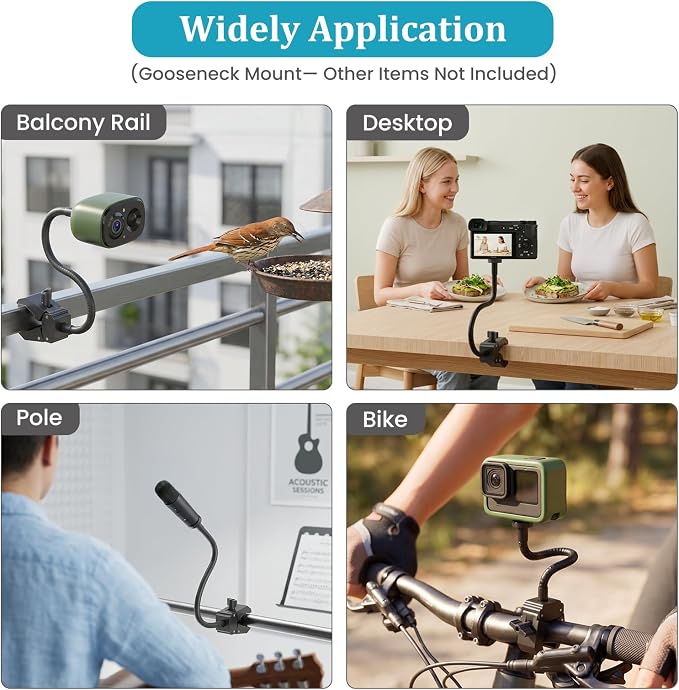 Gooseneck Clamp Camera Mount with 1/4" Screw, Flexible 30cm Arm | Clip Mounts for Handlebar, Desk, Tube, Cross Bar | Compatible with Go Pro, Ring, Google Nest, Wyze, and Arlo - Image 6