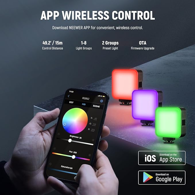 NEEWER RGB62 Magnetic RGB Video Light with Upgraded App Control | 360° Full Color, LED Camera Light, 3 Cold Shoes, CRI97+, 2500K-8500K, 17 Scenes, 2000mAh Rechargeable, Photography Lighting - Image 4