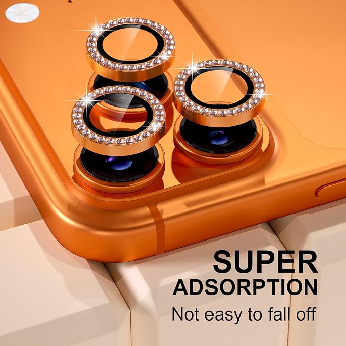 Misea Compatible for iPhone 17 Pro/iPhone 17 Pro Max Camera Lens Protector | 9H Tempered Glass Ultra HD Bling Camera Screen Protector Cover Metal Individual Ring Decoration Accessories, Orange Diamond - Image 6