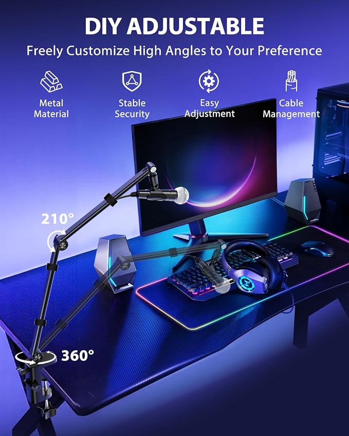 UBeesize Microphone Boom Arm, Aluminum Alloy Mic Arm Stand | 360° Rotatable Desk Mount with 3/8" to 5/8" Adapter, Compatible with Blue Yeti, HyperX QuadCast, Shure SM7B, Podcast & Gaming - Image 5