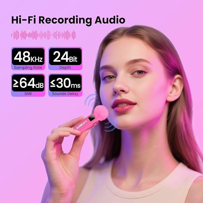 Pink Wireless Lavalier Microphone for iPhone, Noise Cancelling | Crystal clear audio with noise reduction, plug and play with Lightning connector, perfect for TikTok and vlog - Image 4
