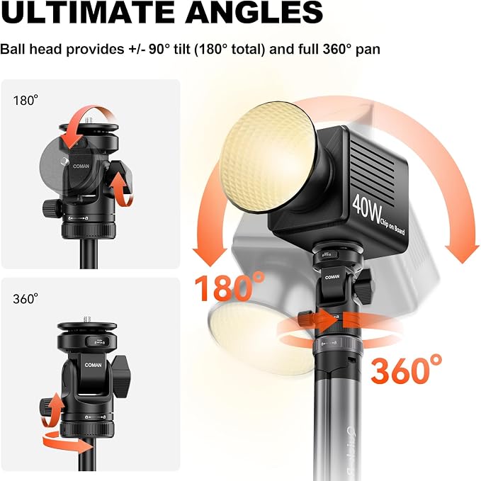 COMAN MT68 Auto-Open 83.4" Light Stand, for DSLR, iPhone, Action Cam, Light | 1/4" Ball Head with 2 QR Plates, Phone Clamp Included, Compact 18.5" Folded Storage, Portable 1.95 lbs, Sturdy Aluminum Build - Image 6