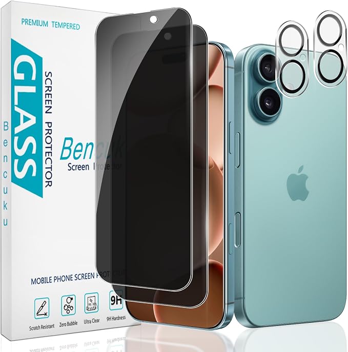 2+2 Pack Privacy Screen Protector for iPhone 16 Plus Tempered Glass | Anti-Spy Privacy Protection, with Camera Lens Protector, Anti Scratch, Bubble Free by Bencuku
