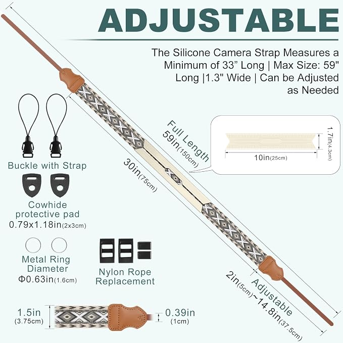 FIEIL Neck Strap Silicone Camera Straps - Padded Camera Strap, 1.5" Wide Adjustable Neck Strap - Compatible with Canon, Nikon, Sony, and More DSLR and Mirrorless Cameras (Khaki Gray White Rhombus) - Image 5