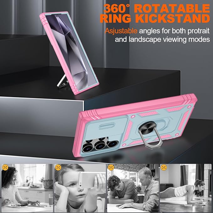 Gritup for Case Samsung S24 Ultra: Case Galaxy S24 Ultra with 2*Screen Protector | Magnetic Stand & Slide Camera Cover | Shock Proof Military-Grade Funda para S24 Ultra Cover -Green+Pink - Image 8