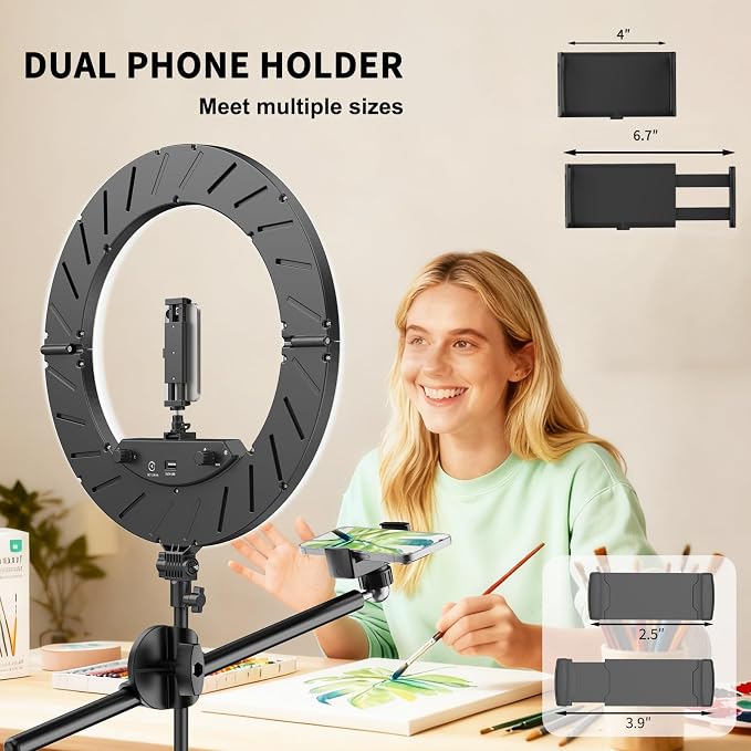 55W18 45cm Ring Light Kit [New Version] 6700K Dimmable LEDRinglightTripod Stand Dual Phone Holder for iPhone Selfie Makeup LashTattoo Studio Lighting Painting,Photo Video Recording (Black) - Image 4