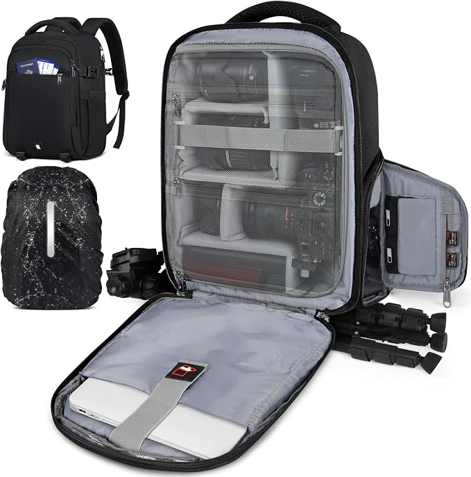 RAINSMORE Camera Backpack Camera Bag for Photographers DSLR SLR Mirrorless Camera Cases with Waterproof Rain Cover & Laptop Compartment Fits 14 Inch Laptop,Anti Theft Travel photography backpack,Black by RAINSMORE