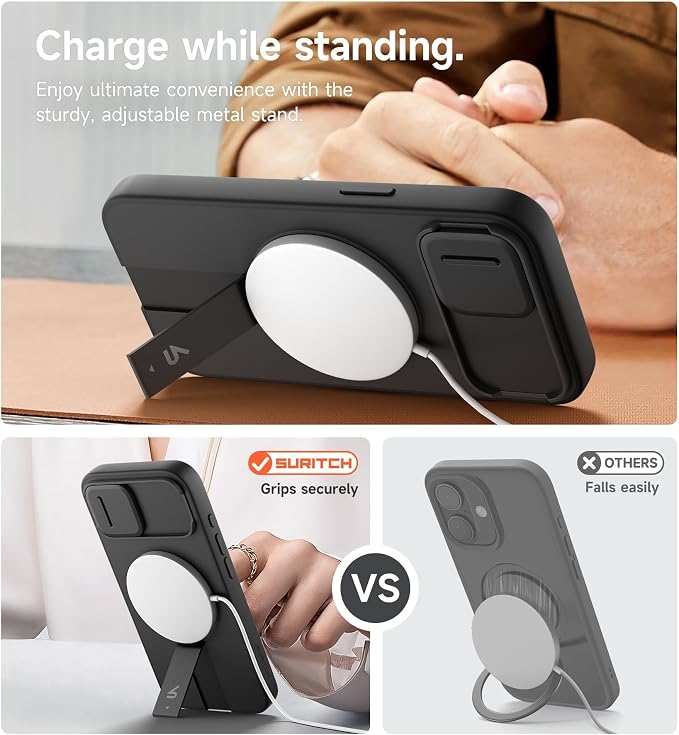 SURITCH for iPhone 17e/16e Case with Magnetic Camera Slide Cover and Adjustable Kickstand, Compatible with MagSafe, Shockproof Bumper Case Slim Protective Cover 6.1 Inch,Black - Image 5