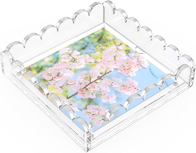 LUGUNU Scalloped Acrylic Tray with Magnetic Mat – Customizable for Photos, Artwork, or Messages, 7.9x7.9in, Non-Slip Base, Thick Transparent Acrylic Tray for Home Decor, Office, Gift for Women by LUGUNU