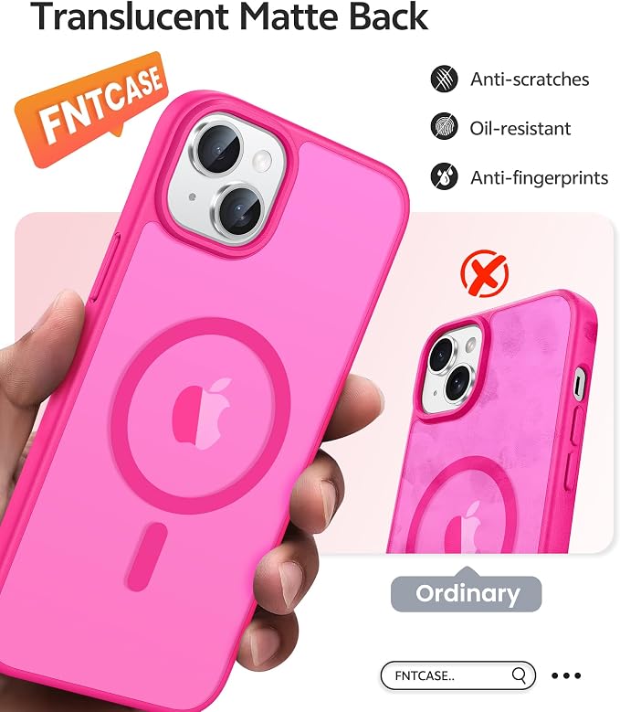 FNTCASE for iPhone 15/14 Plus Case, Fit for Magsafe, Screen Protector | Translucent Matte Magnetic Back, 14FT Military Grade Drop Protection, Shockproof Protective Phone Cover, Hot Pink - Image 6